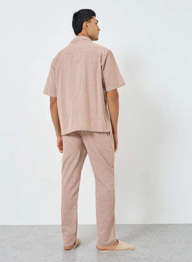 Styli  Men Gingham Print Buttoned Shirt and Pyjama Set for Men | Best Price UAE